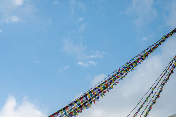 tibetan prayer flags are commonly on sacred places of buddhist culture