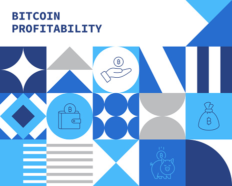 Bitcoin Profitability titled Cryptocurrency Conceptual Infographic Design with Editable Stroke Line Icons. This design is suitable for Web Pages, Web Banners, Brochures, Posters, Flyers, and Mailing Templates.