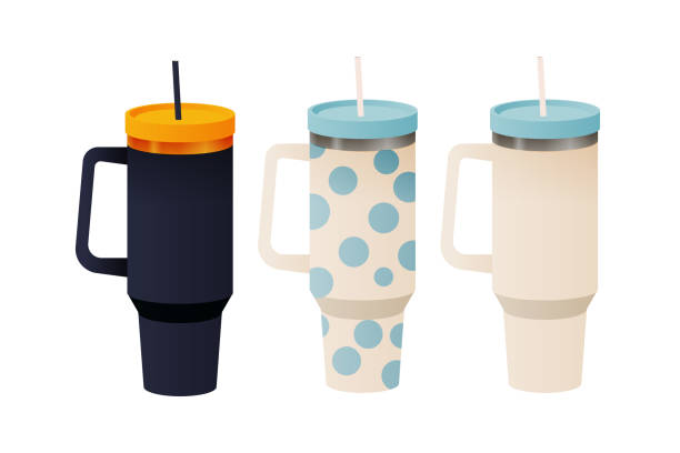 Variation of reusable stainless steel cup isolated on white background. Black, dotted and beige colors of insulated drink container, cup. Modern vector flat illustration. Social Media Ads. Healthy lifestyle. Variation of reusable stainless steel cup isolated on white background. Black, dotted and beige colors of insulated drink container, cup. blue cup stock illustrations