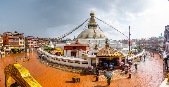 Monkey temple and white stupa in  Kathmandu at sunset