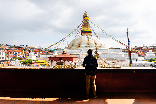 kathmandu, nepal. 15th august, 2023: views of boudhanath stupa, the most spritually place in kathmandu city