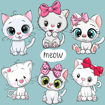 Set of Cute Cartoon White Kittens isolated on a white background