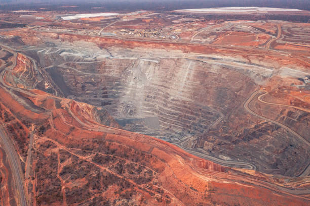 Open pit mining in Australia Kimberlite Femoston. Photo from drone over quarry. Mining industry
