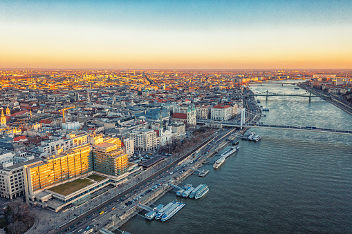 Hungary is popular tourist destination for romantic trips. Budapest dusk Danube river and bridge