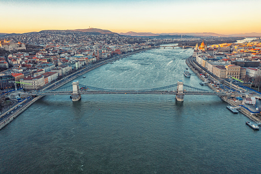 Budapest dusk Danube river and bridge. Hungary is popular tourist destination for romantic trips