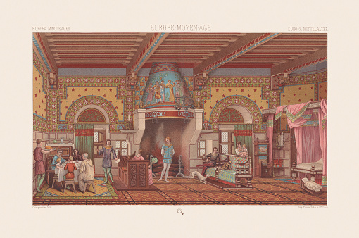 Interior view of a French castle from the mid-12th century - living and utility room on the ground floor. Visual reconstruction. Chromolithograph based on a watercolor by Stephan Baron from the book 