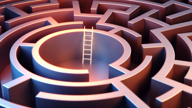istock Circle Metal Maze and Neon Light Staircase Illuminated with Blue and Orange Lights 2149693059