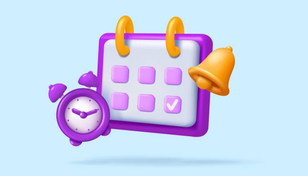 istock 3D calendar. Time management icons. Month schedule. Alarm clock. Reminder notification. Agenda deadline. Alert bell. Appointment week planning. Render planner and timer. Vector concept 2149695081