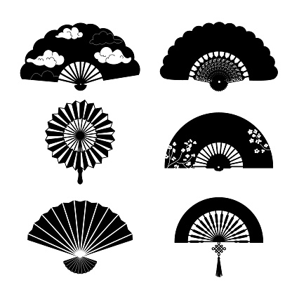 Paper fan. Black silhouettes different forms. Chinese or japanese monochrome traditional souvenirs with various ornament. Patterned asian folding tool. Geisha symbol. Vector isolated asia icons set