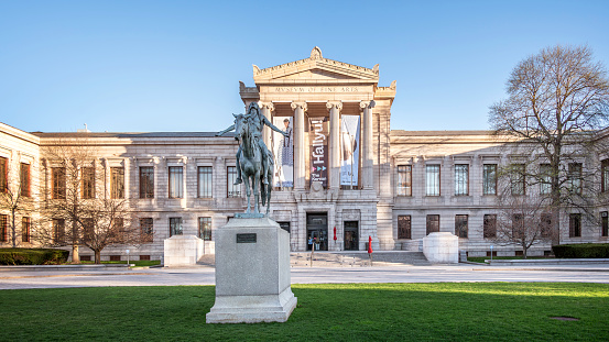 Boston, MA, USA - April 20, 2024: the historic architecture of the iconic Museum of Fine Arts Boston - MFAB in Boston, MA, USA on a sunny spring morning.