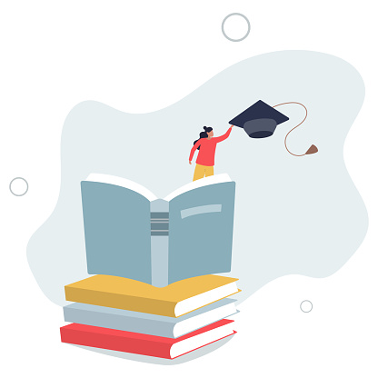 reading new books and study online on book stacked.flat vector illustration.
