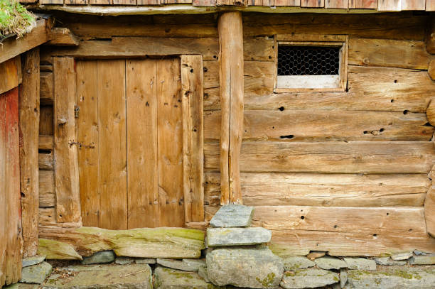 Weather-beaten wooden barn wall with a solid door and stone step.