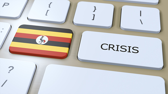 Uganda Crisis in Country. National Flag and Button with Text 3D Illustration.