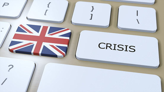 UK United Kingdom Crisis in Country. National Flag and Button with Text 3D Illustration.