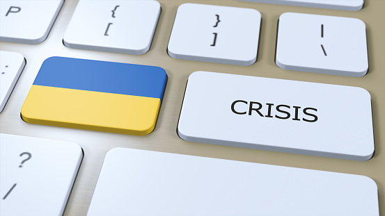 Ukraine Crisis in Country. National Flag and Button with Text 3D Illustration.