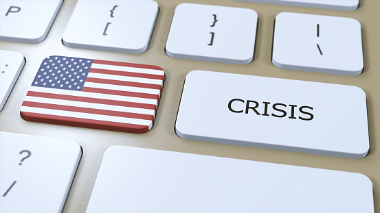 USA United States Crisis in Country. National Flag and Button with Text 3D Illustration.