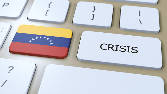 Venezuela Crisis in Country. National Flag and Button with Text 3D Illustration.