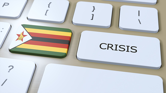 Zimbabwe Crisis in Country. National Flag and Button with Text 3D Illustration.
