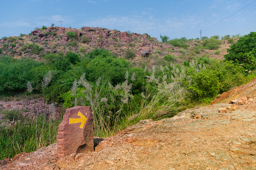 Direction on Welded tuff, massive volcanic pink rocks of Rao Jodha Desert Rock Park, Jodhpur, Rajasthan, India. Near the historic Mehrangarh Fort , park contains ecologically restored desert.