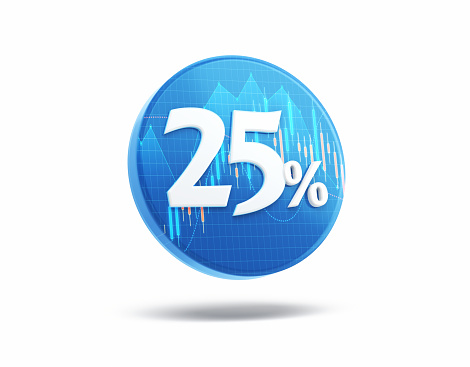 3d render 25 Percent Symbol on Blue Financial Chart Round Button, Object + Shadow Path