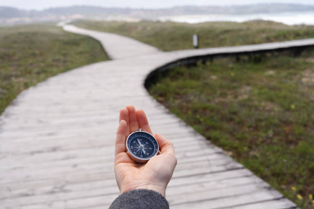 A person holding a compass on a wooden boardwalk. A person holding a compass on a wooden boardwalk. The promenade has two paths. direction stock pictures, royalty-free photos & images