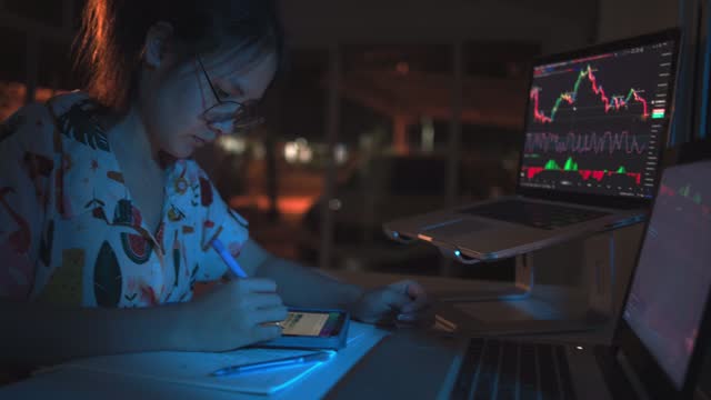 Focused Trader: Young Woman Analyzing Stock Market Data at Night