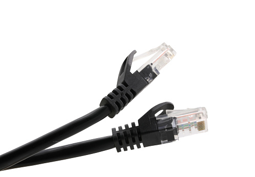 Black network cables with molded RJ45 plug isolated on white background
