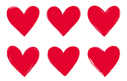 Hand drawn red hearts. Brush strokes. Vector design elements isolated on white background.