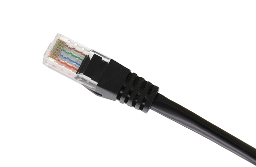 Black network cable with molded RJ45 plug isolated on white background.