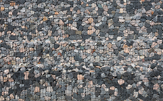 A stepped wall of gabions. Background image, texture.