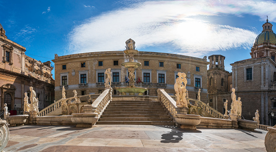 Famous fountain of shame on baroque Piazza Pretoria, Palermo, Sicily