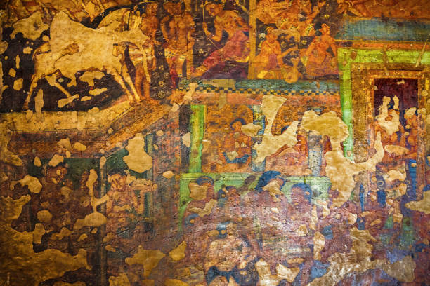 Ancient buddhist painting at Ajanta Caves near Aurangabad city in Maharashtra state of India