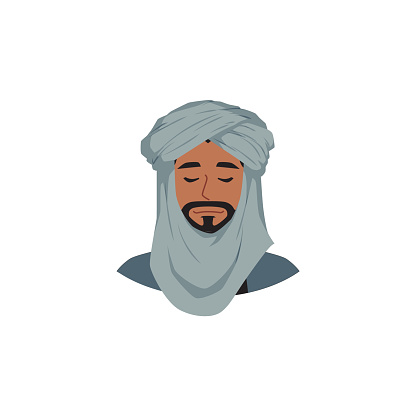 A serene man with a beard is featured wearing a light blue turban, depicted in a tranquil vector illustration.