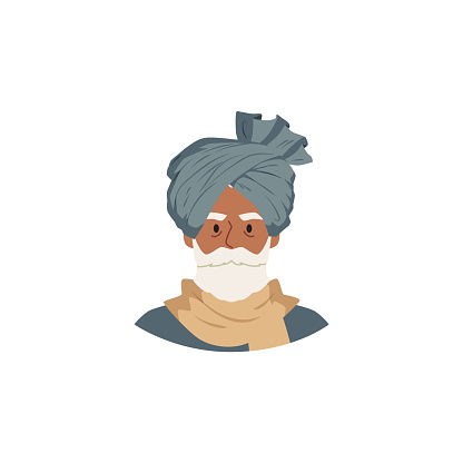 Traditional turban. Vector close-up portrait of an elderly man with a turban on his head. A cultural headdress highlighting Asian or Oriental fashion.
