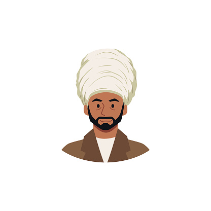 An illustrated man dons a pristine white turban with a confident expression, captured in a stylish vector portrait.