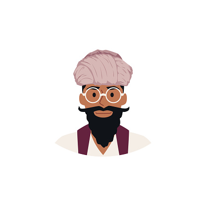 Eastern Muslim fashion turban headdress Arabic or Indian culture. Saudi oriental man with glasses and wrapped scarf head hat vector avatar. Asian bearded male portrait with turban ethnic accessory