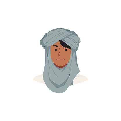 A figure decorated with a turban. The vector illustration shows a young man wearing a traditional turban. Oriental headdress, isolated cultural fashion design.