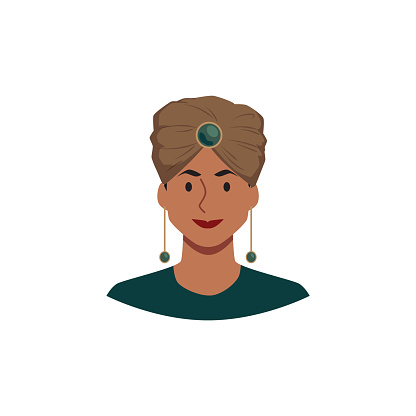 A woman with an elegant demeanor is illustrated wearing a tasteful turban adorned with a central jewel, complemented by matching earrings, in a refined vector portrait.
