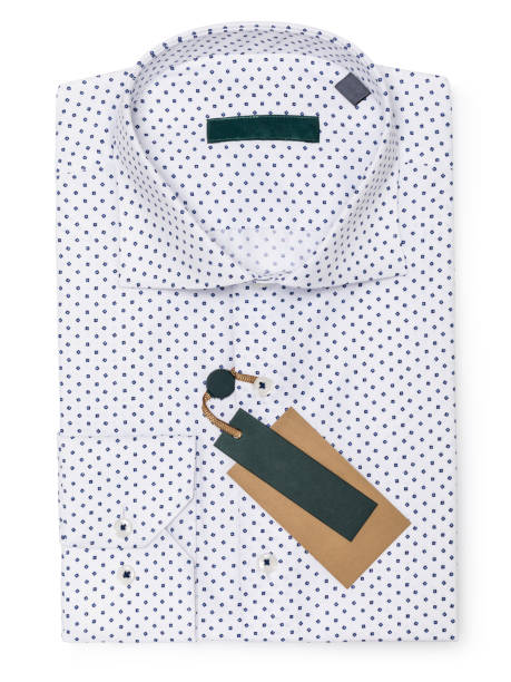 istock White folded polka dot shirt in dark blue color isolated on white background, top view 2149705201