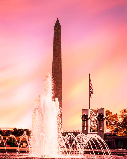 World war 2 memorial in Washington DC with vivid sky and dramatic motion of water.