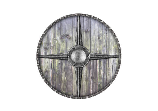istock Old wooden round shield isolated on white background 2149705981