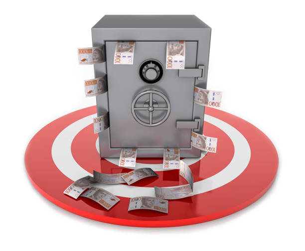 Safe box with coin on blue background. Secure storage concept. 3d-rendering