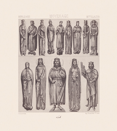 Clothing of the nobility in France, 12th and 13th centuries. The people depicted are replicas taken from the portals of the churches of Notre Dame de Paris, Notre Dame de Chartres, Notre Dame de Corbeil, Saint Germain l'Auxerrois and the Abbey of Ste. Genevieve in Paris. Top row (left to right): 1) Chilperic I I (ca 539 - 584, portal of Notre Dame in Paris); 2) Childebert I (ca. 497 - 558, Abbey of St. Genevieve in Paris); 3) Fredegund, third wife of Chilperic I (? - 597, portal of Notre Dame in Paris); 4) St. Marcel, Bishop of Paris (360 - 436, portal of St Germain l'Auxerrois); 5) Priest (portal of St Germain l'Auxerrois); 6) Arnegunde, a wife of the Frankish King Chlothar I (around 515/520 - around 565/570, portal of Notre Dame in Paris); 7) Ultrogotho, a wife of the Frankish King Childebert I (ca. 496 – 558, Abbey of St. Genevieve in Paris); 8) Chlothar I. (ca. 495 - 561, portal of Notre Dame in Paris); 9) Priest (portal of Notre Dame in Chartres). Below row (left to right): 10) Saint Genevieve (ca. 419/422 - 502/512, portal of St Germain l'Auxerrois); 11) Clovis I (ca. 466 - 511, portal of Notre Dame in Corbeil); 12) Clovis I (ca. 466 - 511, Abbey of St. Genevieve in Paris); 13) Clotilde, second wife of Clovis I (ca 474 - 545, portal of Notre Dame in Corbeil); 14) Childebert I (ca. 496 - 558, statue that covered his grave). Chromolithograph from the book 