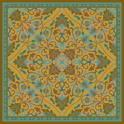 Yellow and green neck scarf with a stylized flowers and pomegranates. Vector design for a neckerchief, carpet, kerchief, bandana, rug. Traditional floral pattern.