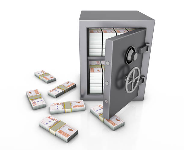 Safe box full Swedish Kronas packs on white background