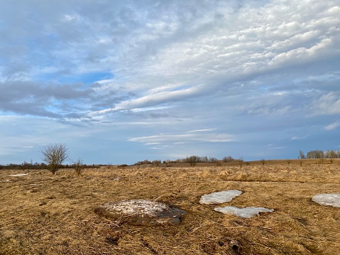 Spring village landscape: cloudy sky, dry grass and large white ice floes on the field.