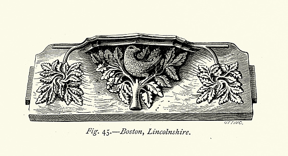 Vintage illustration Bird in a tree, Medieval English wood carving art, Misereres, Misericord, a small wooden structure formed on the underside of a folding seat in a church
