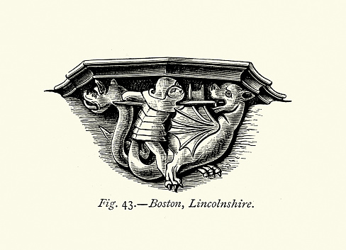 Vintage illustration Knight slaying a dragon, Medieval wood carving art, Misericord, a small wooden structure formed on the underside of a folding seat in a church