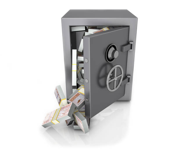 istock Safe box full Swedish Kronas packs on white background 2149709550