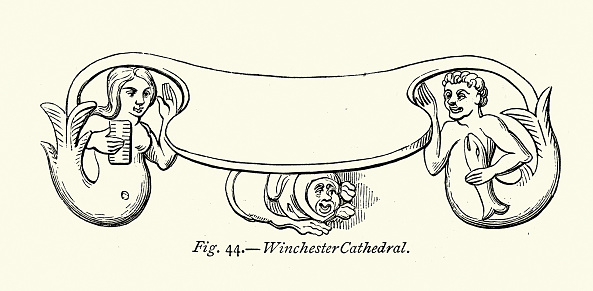 Vintage illustration Mermaid and Merman, Man dog creature, Medieval wood carving art, Misericord, a small wooden structure formed on the underside of a folding seat in a church